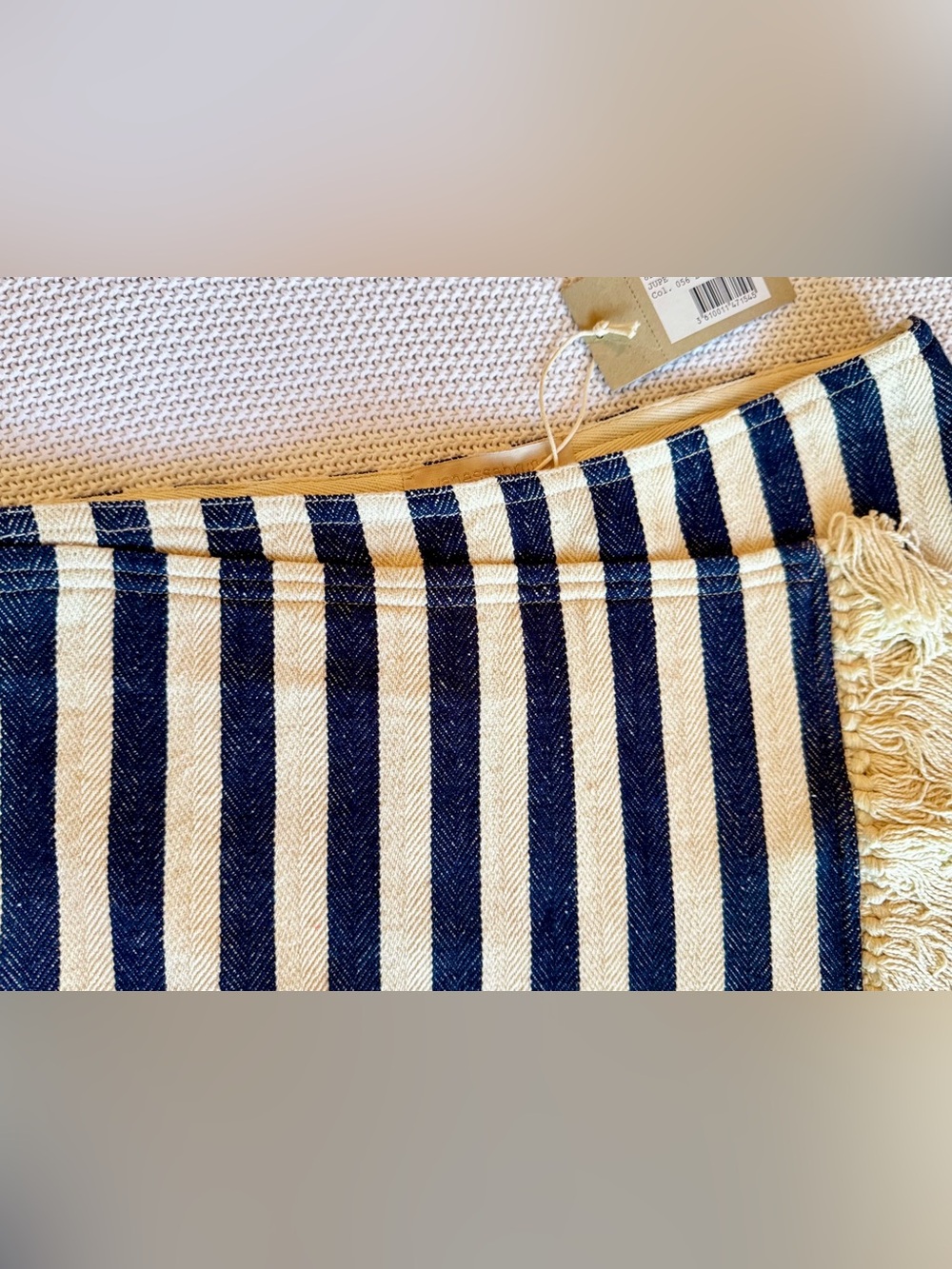 VANESSA BRUNO Boho IKA Cream Jute & Navy Blue Striped Fringe Mini Skirt - Picture 5 of 16